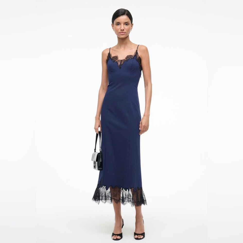 Staud Nadia Lace Trim Midi Dress in Navy M